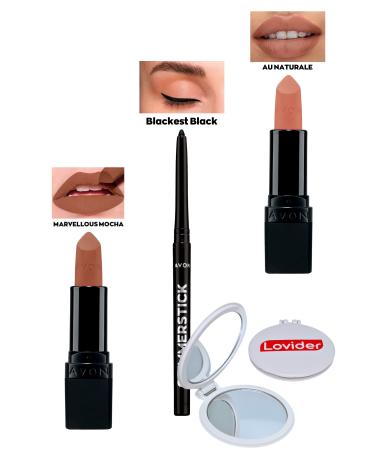 Avon Marvellous Mocha Matte Lipstick + Black Eyeliner + Au Naturale Matte Lipstick + Lovider Pocket Mirror
