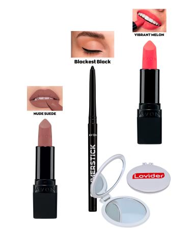 Avon Nude Suede Matte Lipstick + Black Eyeliner + Vibrant Melon Matte Lipstick + Lovider Pocket Mirror