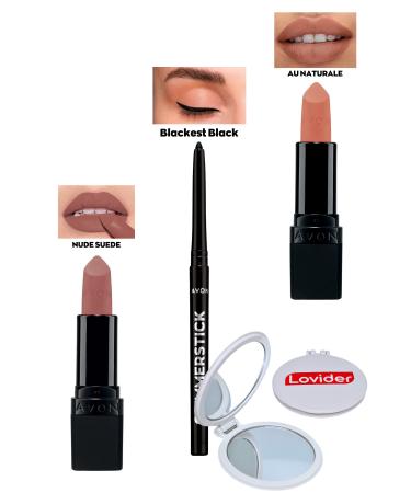 Avon Nude Suede Matte Lipstick + Black Eyeliner + Au Naturale Matte Lipstick + Lovider Pocket Mirror