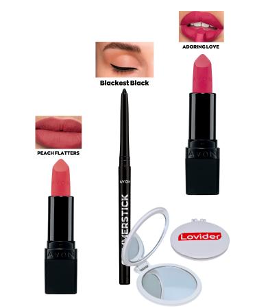 Avon Peach Flatters Matte Lipstick + Black Eyeliner + Adoring Love Matte Lipstick + Lovider Pocket Mirror