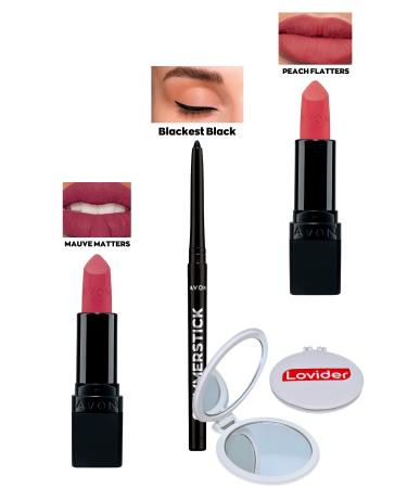 Avon Mauve Matters Matte Lipstick + Black Eyeliner + Peach Flatters Matte Lipstick + Lovider Pocket Mirror