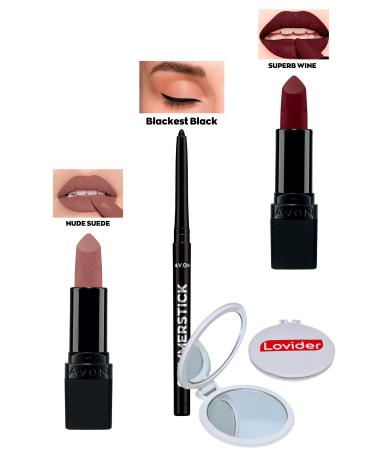Avon Nude Suede Matte Lipstick + Black Eyeliner + Superb Wine Matte Lipstick + Lovider Pocket Mirror