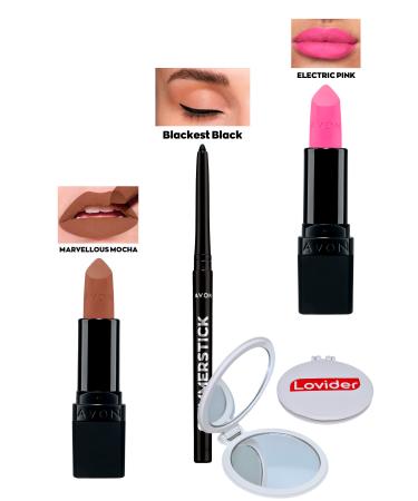 Avon Marvellous Mocha Matte Lipstick + Black Eyeliner + Electric Pink Matte Lipstick + Lovider Pocket Mirror