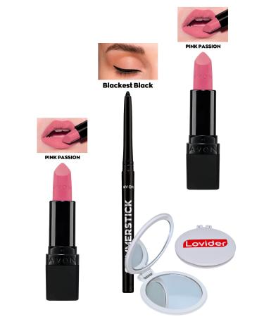 Avon Pink Passion Matte Lipstick x 2 Pieces + Black Eyeliner + Lovider Pocket Mirror
