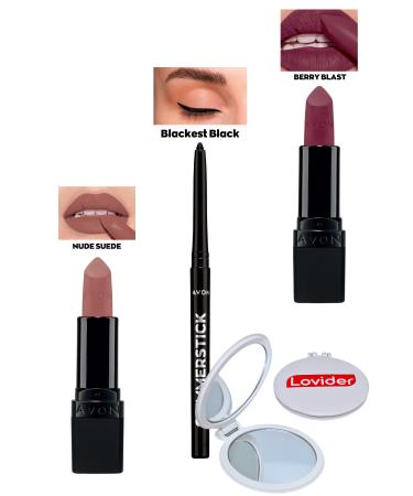 Avon Nude Suede Matte Lipstick + Black Eyeliner + Berry Blast Matte Lipstick + Lovider Pocket Mirror