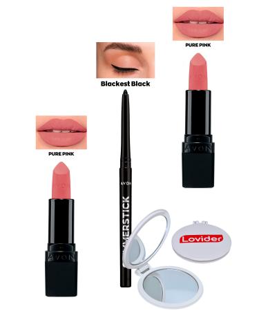 Avon Pure Pink Matte Lipstick x 2 + Black Eyeliner + Lovider Pocket Mirror