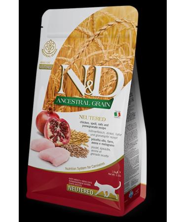 N & D Ancestral 10 kg Adult Sterilized Cat Food Chicken Boneless Wheat Oats and Pomegranate