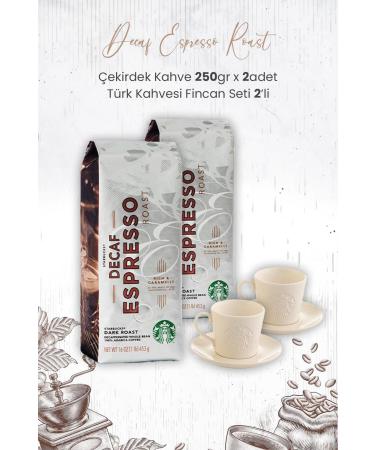 Starbucks Decaf Espresso Roast Bean Coffee 250 gr x 2 Pieces and Turkish Coffee Cup Set of 2