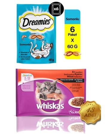 Dreamies Whiskas Pouch Junior Meat Varieties 4 X 100 Gr (13 Pieces) + 6 Pieces Dreamis Fish Cat Award 60 Gr