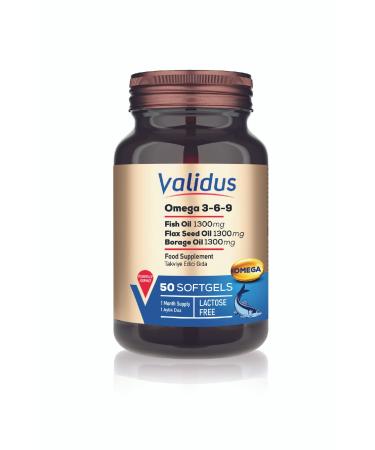 Validus Omega 3-6-9 Softgel Fish Oil 1300 Mg Flax Seed Oil 1300 Mg Borage Oil 1300 Mg 50 Softgel