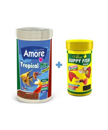 AMORE Tropical Mix 1000 ml and Ahm Guppy Granulat 250ml Guppy Moli Sword Angel Tetra Tropical Fish Food