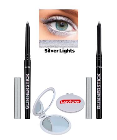 Avon Glimmerstick Lift Eyeliner Glitter - Silver Lights 2 Pack + Lovider Pocket Mirror