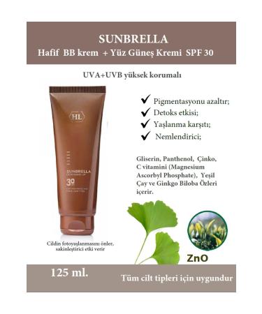 HL Cosmetics Sunbrella Bb Cream Face Sunscreen Spf 30 (PANTHENOL GREEN TEA GINKGO BILOBA) 125 Ml.