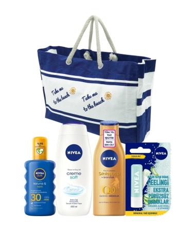 NIVEA Protection & Moisture Sun Spray Gkf30 + aloevera Lip Peeling + soft Shower Gel + q10 Tan Lotion + beach Bag