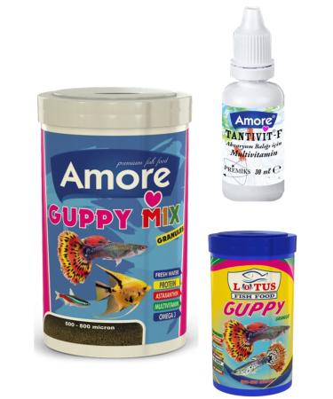 AMORE Guppy Mix Granules Guppy Moli Angel Tropical Aquarium Fish Food and Vitamin 250+100 Ml Lotus