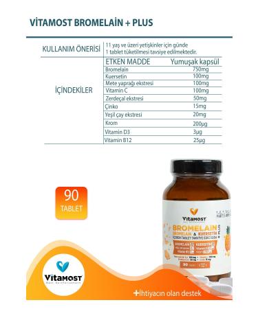 Vitamost Bromelain Pineapple 750mg & Quercetin 100mg (VITAMIN D3 B12) Plus 90 Tablets 1250 Mg - Buy Online on GoSupps.com
