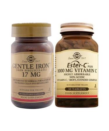 Solgar Gentle Iron 17 Mg 90 V-capsule + Ester C Plus 1000 Mg 30 Tablets