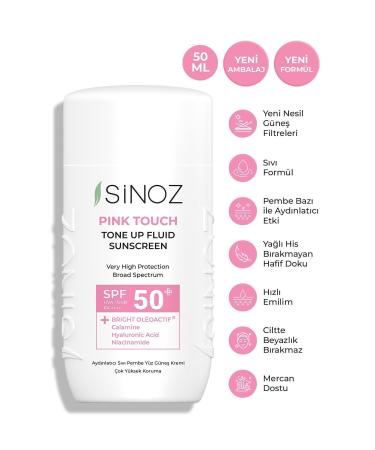 Sinoz Spf50 Pink Touch Brightening Liquid Face Sun Cream New Generation Sun Filters Hybrid Formula 50ml