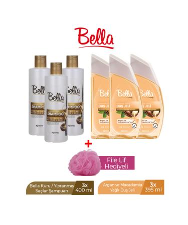 Bella SHAMPOO FOR DRY & DAMAGED HAIR 400ML X 3 PCS + BELLA SHOWER GEL ARGAN & MACADEMIA 395ML X 3 A