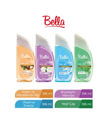 Bella SHOWER GEL 395 ML X 4 PIECES OCEAN ENERGY + FASCINATING MAGNOLIA + ARGAN + GREEN TEA