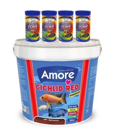 AMORE Cichlid Red Granules 3kg Bucket 44-Protein Lotus 4x250ml Malawi Cichlid Color Fish Food
