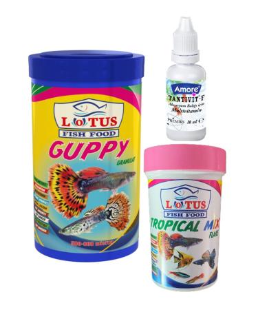 Lotus Tetra-Angel-Guppy 3-Piece Fish Food Set Guppy 250ml Tropical Mix Flakes 100ml Multivitamin