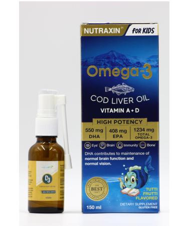 Nutraxin Kids Omega-3 Mixed Fruit Fish Oil D3 Vitamin Spray 30ml | 200 Puffs