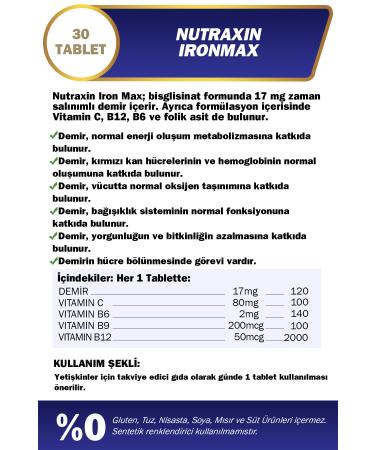 Nutraxin Iron Max - (Iron Vitamin C B6 Folic Acid B12) 30 Tablets - Buy Online on GoSupps.com
