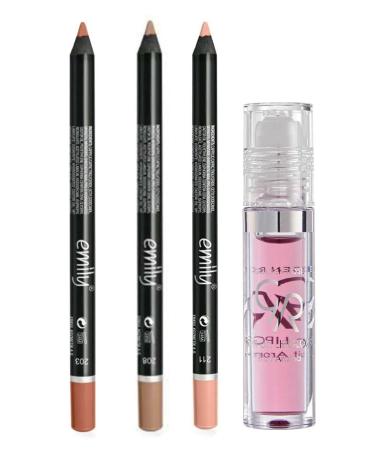EMILY Lip Pencil 3 's No: 203-208-211 + Golden Rose Roll On Lipgloss Strawberry Lip Gloss