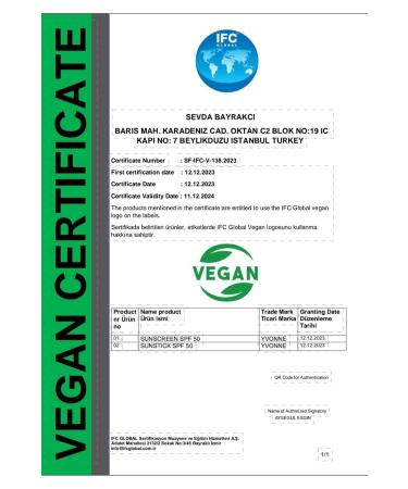 YVONNE Organic Certified Vegan Sunscreen Stick 15 ml 50 SPF PA++++ UVA / UVB - Buy Online on GoSupps.com