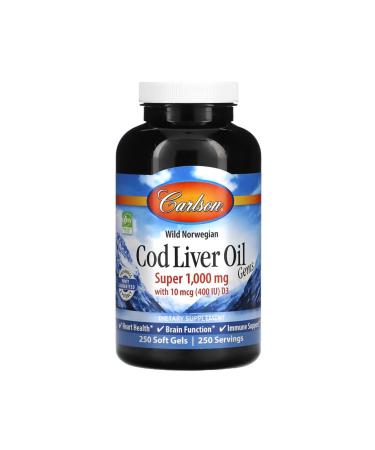Carlson Wild Norwegian Cod Liver Oil Gems 1 000 mg 250 Soft Gels