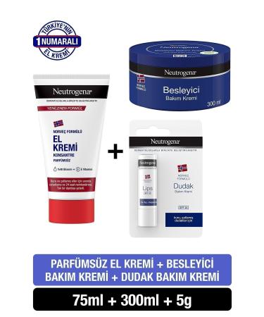 Neutrogena Norwegian Formula Nourishing Care Cream 300 ml + Unscented Hand Cream 75 ml + Lip Balm
