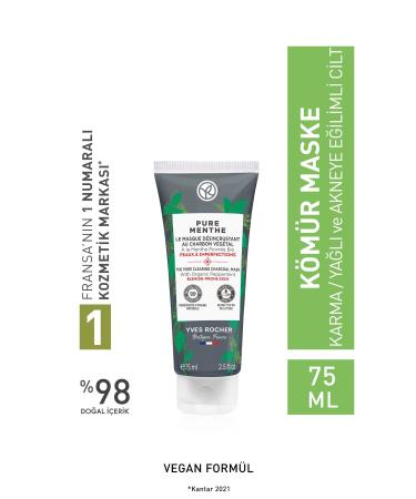 Yves Rocher Pure Menthe Charcoal Mask for Combination Oily and Acne Prone Skin - 75 ml