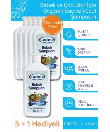 Spumy Organic Certified 5+1 Sensitive Hair and Body Baby Shampoo Economic Package - 600 ml x 6