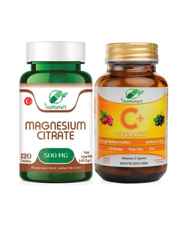 Yurdavit Magnesium Citrate 500 mg 120 Tablets and Vitamin C 1000 mg 50 Tablets