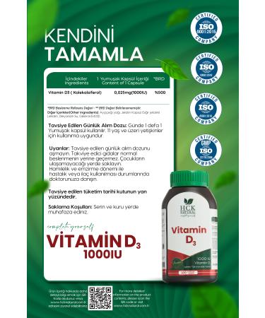 HCK NATURAL Vitamin D3 1000 IU 120 Capsules Food Supplement - Buy Online on GoSupps.com