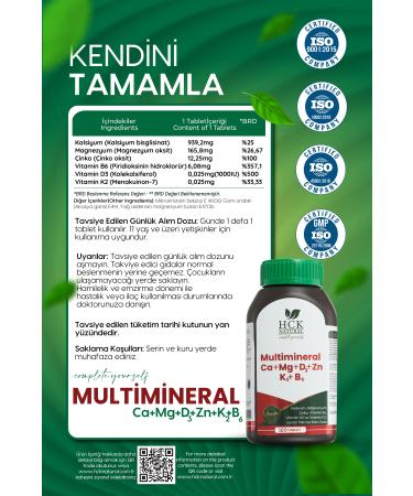 HCK NATURAL Multimineral 120 Tablets Calcium Magnesium Zinc Vitamin B6-d3-k2 Supplementary Food - Buy Online on GoSupps.com