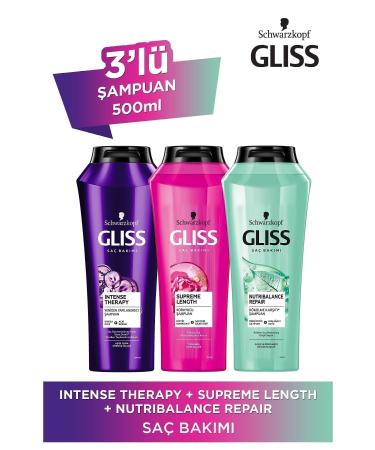 Gliss Intense Therapy Shampoo 500 Ml + Supreme Lenght 500 Ml Shampoo + Nutribalance Repair 500 Ml