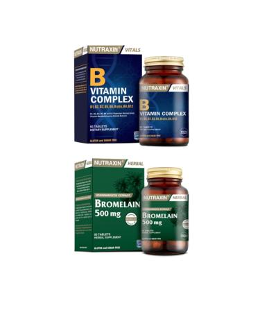Nutraxin B1 B2 B3 B5 B6 B12 Containing B Vitamin Complex 60 Tablets + Bromelain Pineapple 60 Capsules