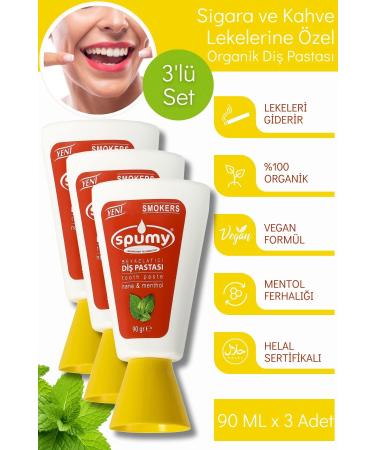 Spumy Special 3-Pack Whitening Organic Toothpaste for Cigarette and Coffee Stains - 90 ml x 3