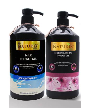 Ilgaz Naturix Organix Organic Milky Shower Gel 1000 ml + Japanese Cherry Shower Gel 1000 ml 2-Piece Family Shower Gel Set