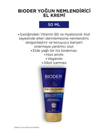 Bioder Intensive Moisturizing Hand Cream 50 Ml - Vitamin B5 Hyaluronic Acid 24 Hour Effect Alcohol Free - Buy Online on GoSupps.com