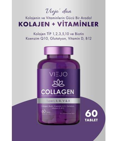 Viejo Collagen and Vitamins (Type 1 2 3 5 10 and Biotin Coenzyme Q10 Glutathione Vitamin D B12) 60 Tablets