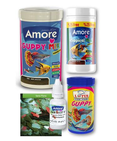 AMORE Guppy Fish Food 250 ml 100 ml Guppy Fish Granule Food Tropical 125 ml Flora 30 gr Flake Vit
