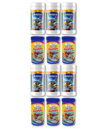 AMORE Guppy-Angel-Platy-Moly Fish Granule Food 6x125 ml Tropical Mix Selection 6x100ml Lotus Guppy