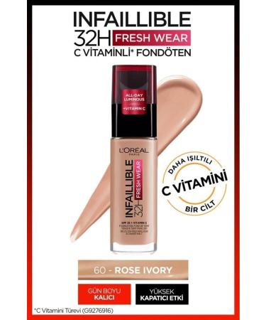 L'Oreal Paris Infaillible 32h Fresh Super Wear Vitamin C Foundation - 60 Rose Ivory
