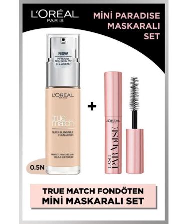 L'Oreal Paris True Match Caring Foundation 0.5n Porcelain & Mini Paradise Mascara 4.7 Ml Makeup Set