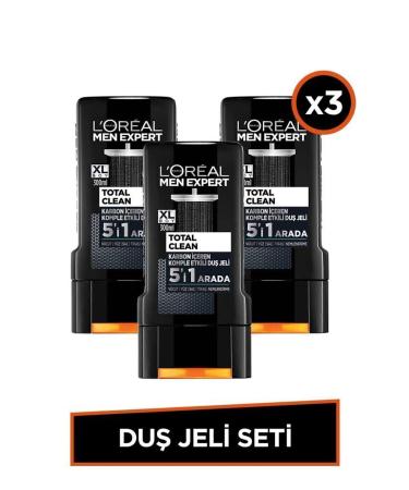 L'Oreal Paris Men Expert Total Clean 5 in 1 Charcoal Shower Gel 300 Ml Set of 3