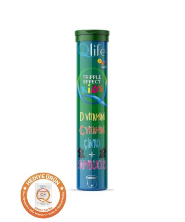 Qlife Children Vitamin Supplement C & D & Zinc Black Elderberry Strawberry and Raspberry Flavored 20 Effervescent Tablets