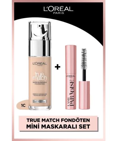L'Oreal Paris True Match Caring Foundation - 1C Cool Undertone & Mini Paradise Mascara 4.7 ML